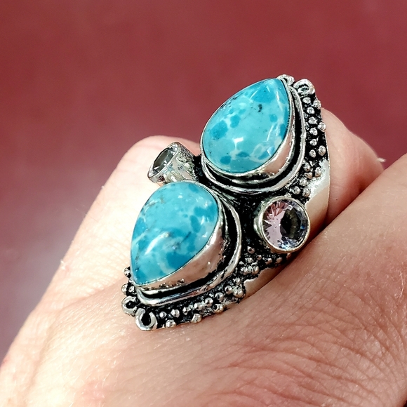 New Huge Mosaic Jasper & Iolite 925 Silver Statement Ring. - Picture 8 of 12